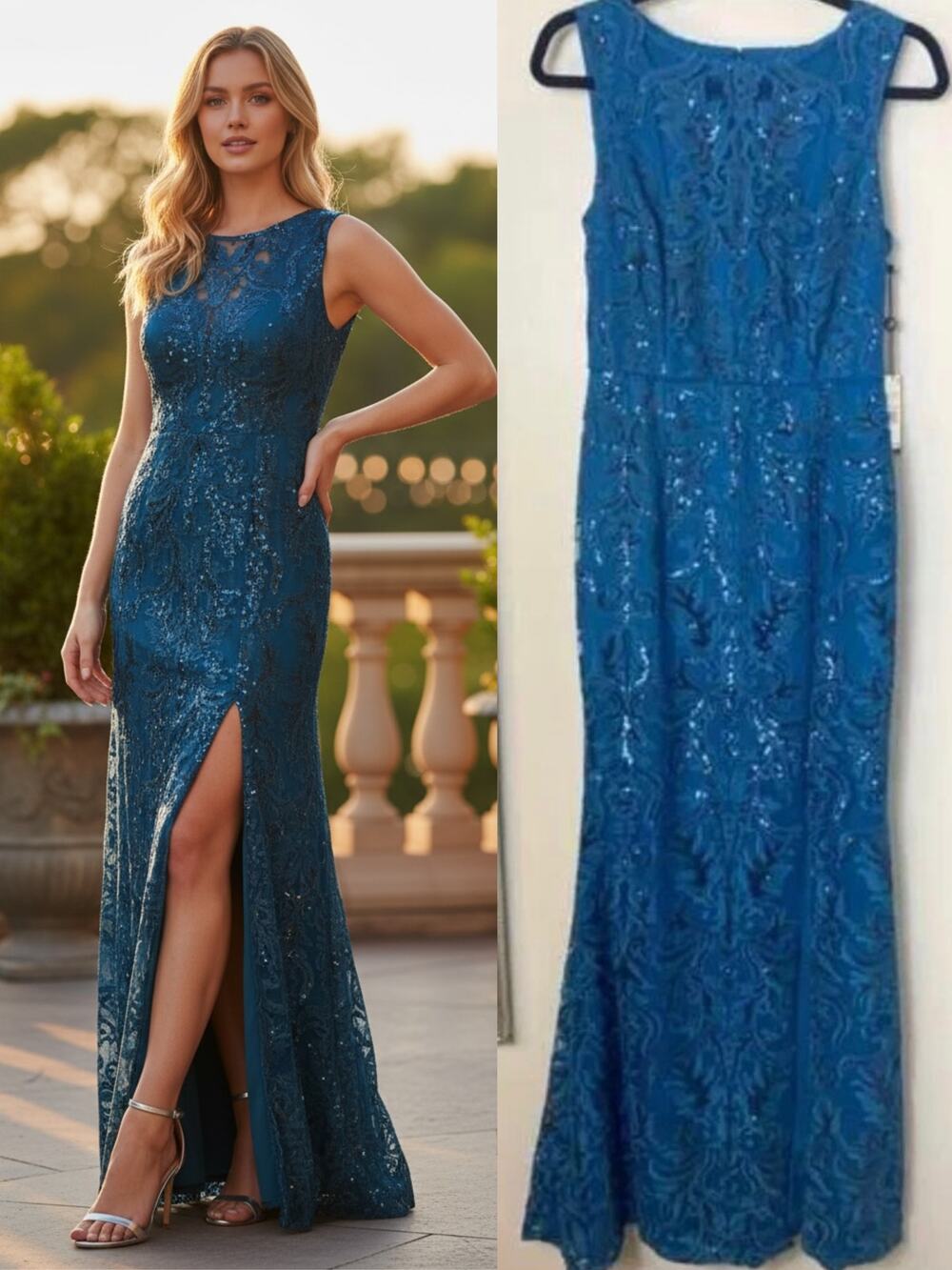 Adrianna Papell Blue Sequin Dress Mother of the Bride Gown Wedding Guest Evening
